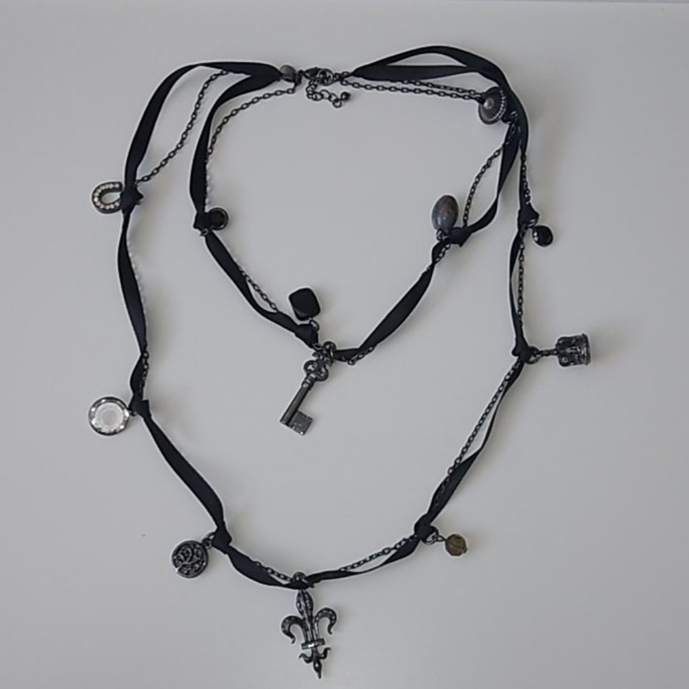Express Black ribbon and chain charm necklace.
